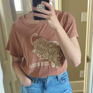 THE GREAT. Brown Tee with Metallic Gold Tiger Graphic